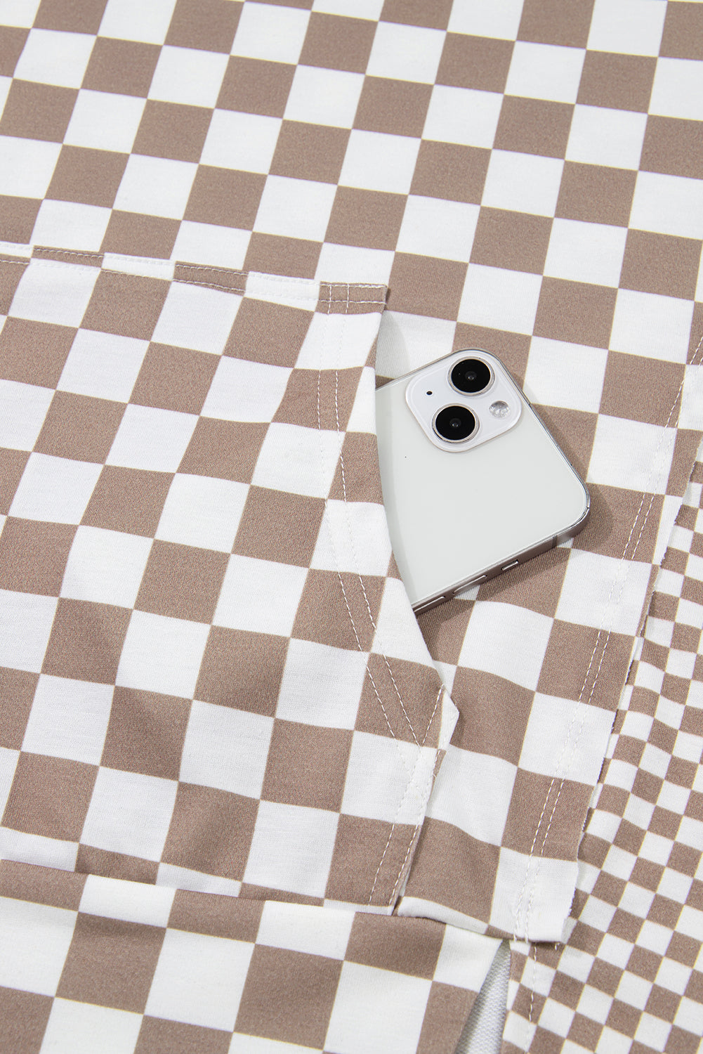 Khaki Double Checkered Patchwork Tie Neck Oversize Hoodie