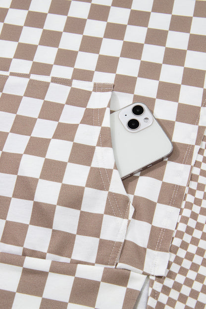 Khaki Double Checkered Patchwork Tie Neck Oversize Hoodie