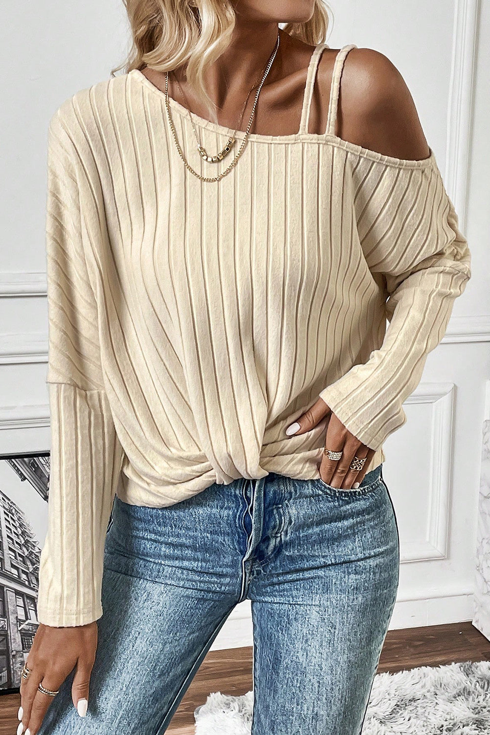 Apricot Twisted Cold Shoulder Ribbed Knit Top with Asymmetrical Neck