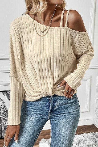 Apricot Twisted Cold Shoulder Ribbed Knit Top with Asymmetrical Neck