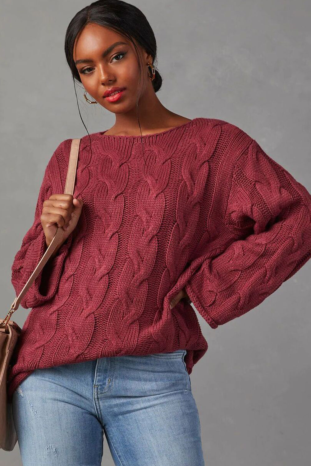 Mineral Red Round Neck Cable Knit Oversize Sweater