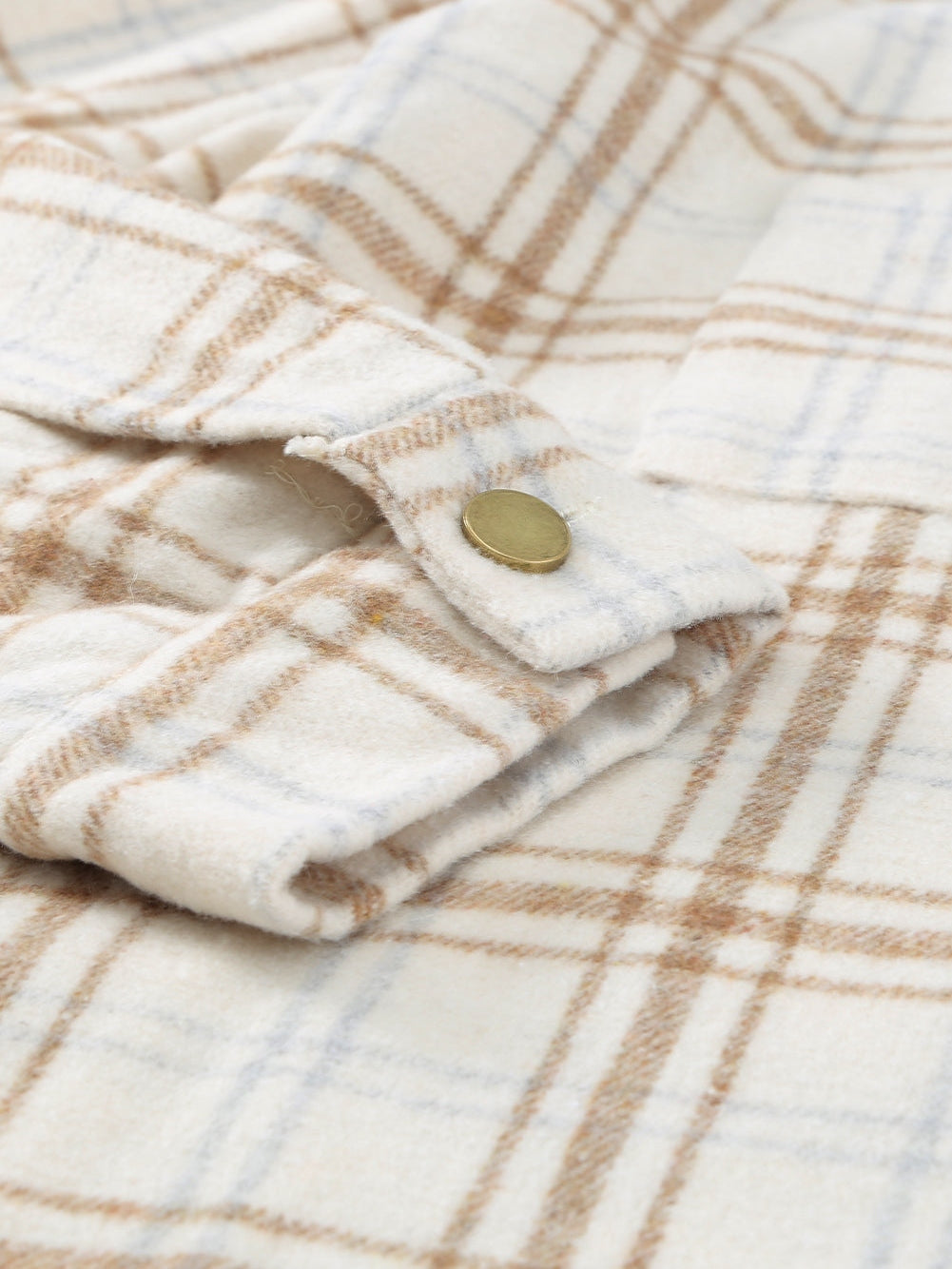 Khaki Plaid Button-Up Shirt Jacket with Side Slits