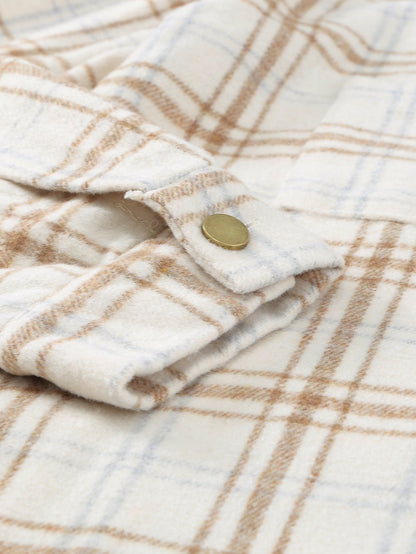 Khaki Plaid Button-Up Shirt Jacket with Side Slits