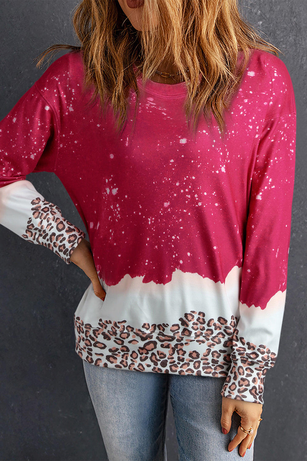 Flaming Red Leopard Print Bleached Pullover Sweater