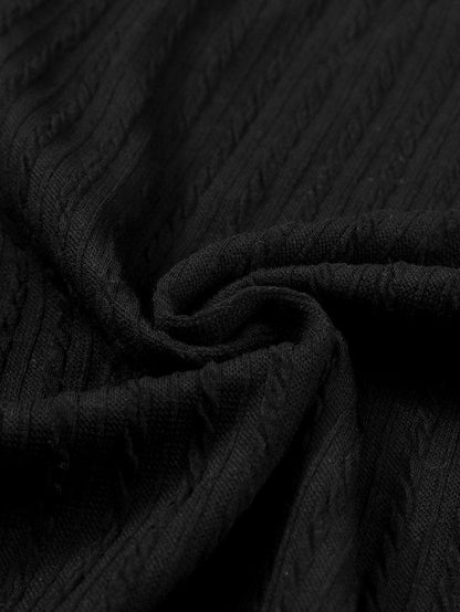 Elegant Black Ribbed Round Neck Long Sleeve Top