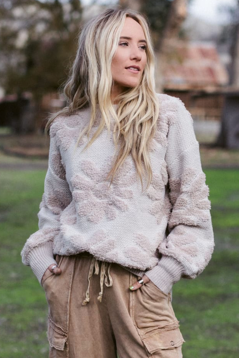 Khaki Plush Flower Pattern Drop Shoulder Sweater