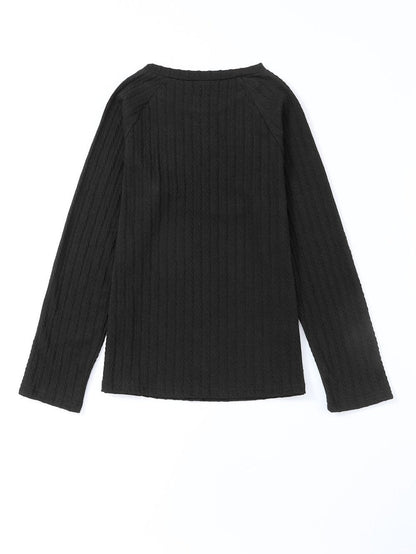 Elegant Black Ribbed Round Neck Long Sleeve Top