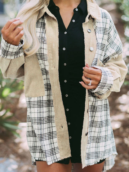 Khaki Plaid Patchwork Denim Shacket - Distressed Edges