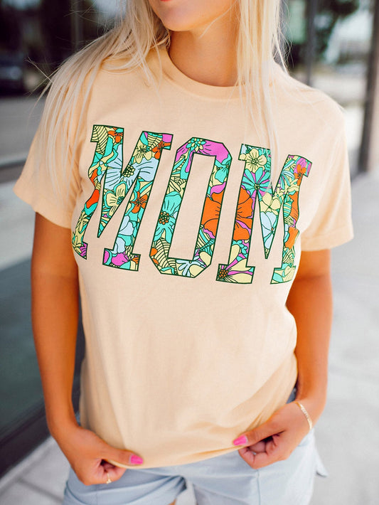 Khaki Floral "MOM" Print Crew Neck T-Shirt