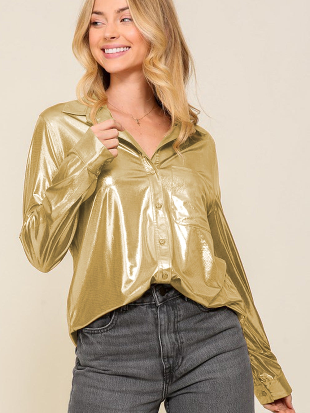 Golden Shimmer Shift Shirt with Chest Pocket