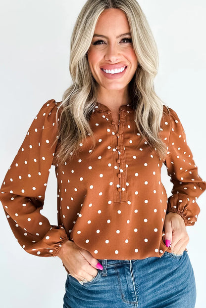 White Polka Dot Print Half Button Elastic Cuffs Long Sleeve Blouse