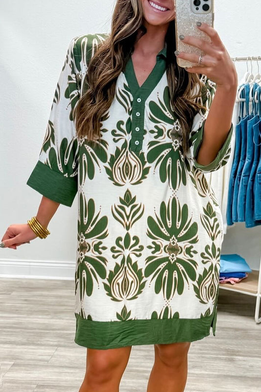 Green Vacation Floral Print Color Block Trim Shirt Collar 3/4 Sleeve Shift Mini Dress