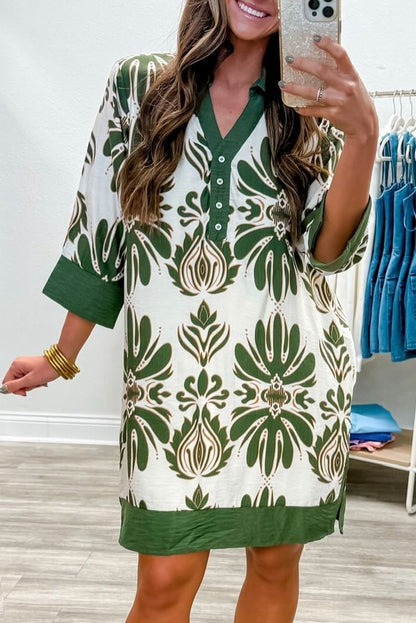 Green Vacation Floral Print Color Block Trim Shirt Collar 3/4 Sleeve Shift Mini Dress