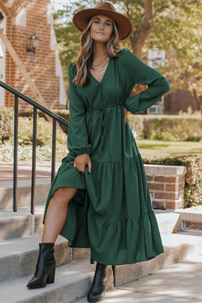 Blackish Green Solid Long Sleeve Button V Neck Tiered Maxi Dress