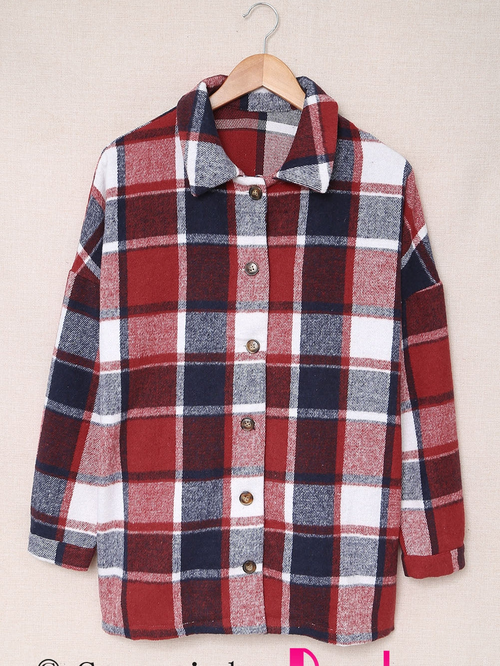 Fiery Orange Plaid Print Button-Up Shirt Jacket