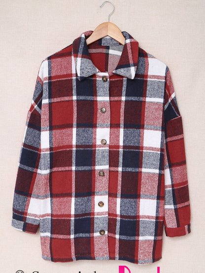 Fiery Orange Plaid Print Button-Up Shirt Jacket