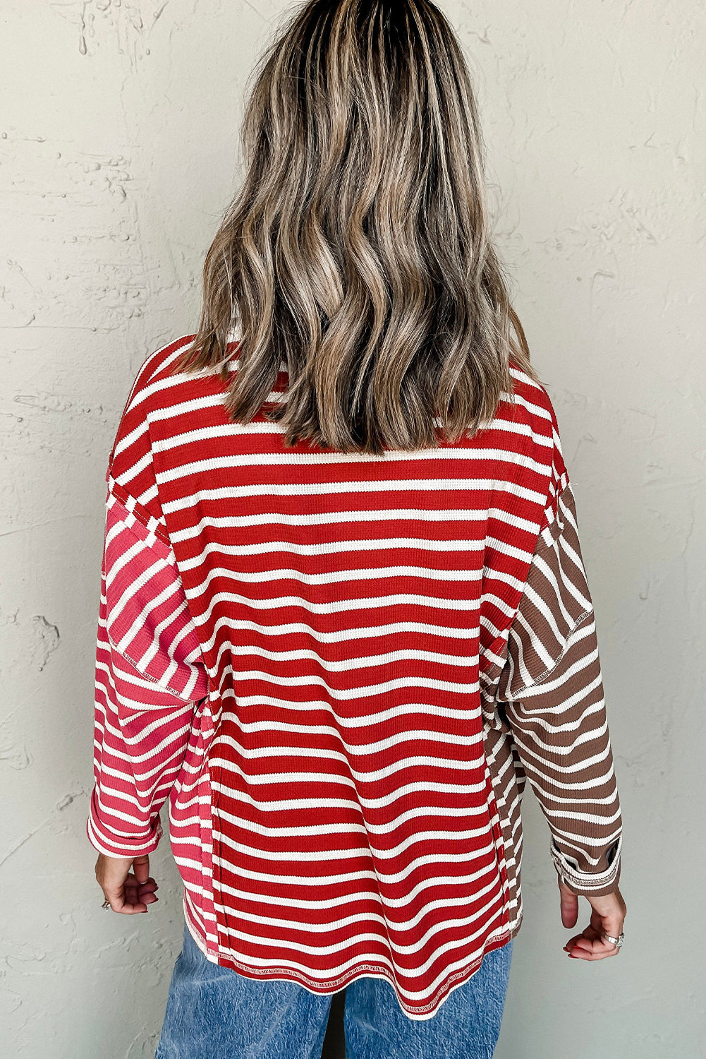 Red Stripe Colorblock Drop Shoulder Loose Long Sleeve Top