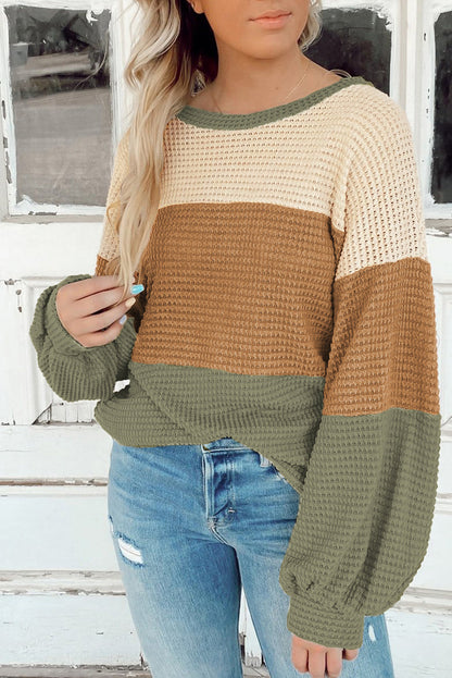 Green Striped Bubble Sleeve Baggy Top with Color Block Detail
