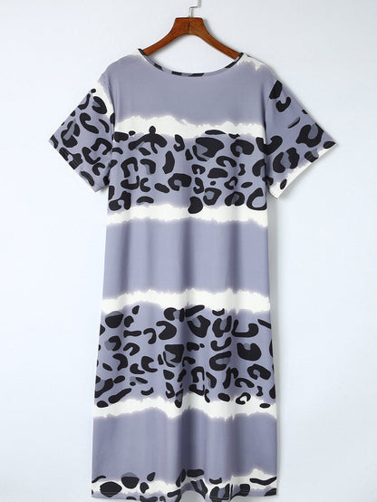 Leopard Color Block V Neck Plus Size T Shirt Dress
