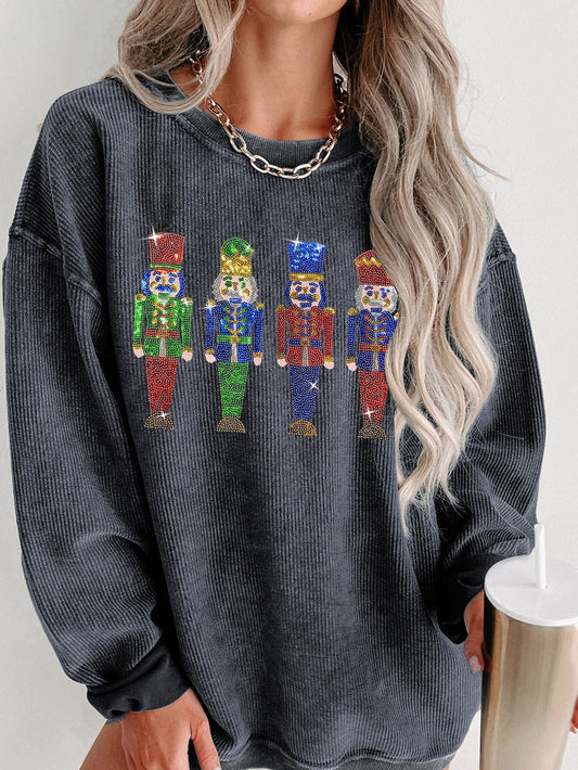 Gray Corded Sequin Nutcracker Doll Baggy Sweatshirt for Women