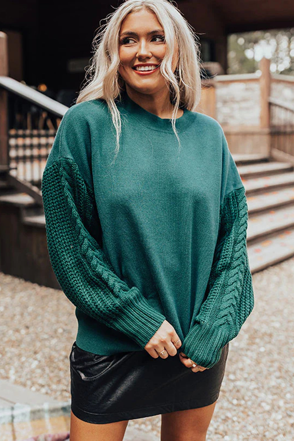 Skobeloff Cable Knit Textured Patchwork Sleeve Slouchy Sweater