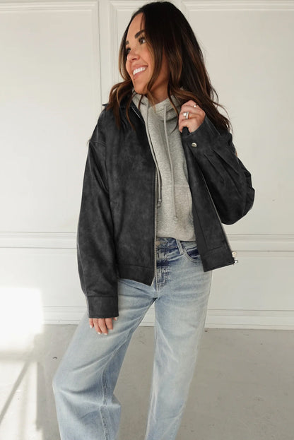 Carbon Grey Vintage Faux Leather Button Pleated Cuffs Zip Up Jacket