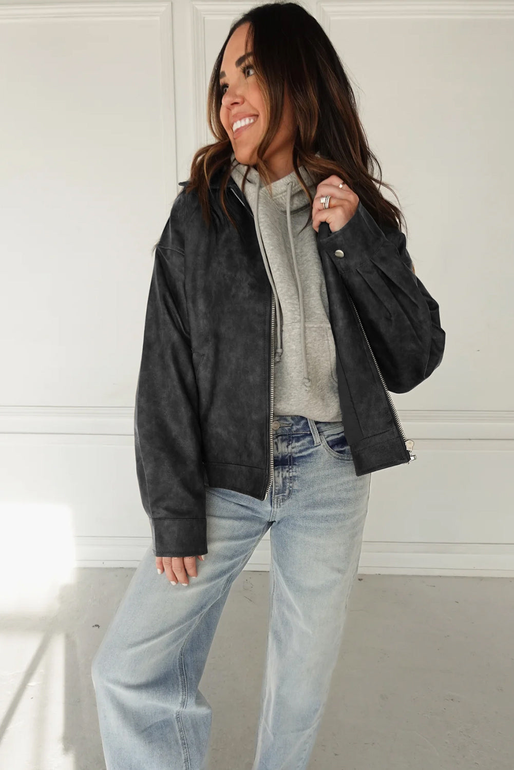 Carbon Grey Vintage Faux Leather Button Pleated Cuffs Zip Up Jacket