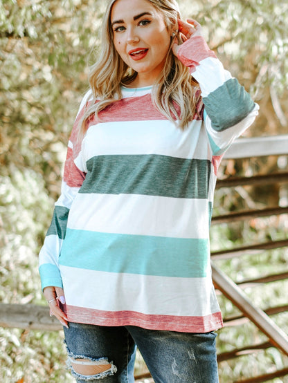 Green Striped Colorblock Shift Top for Curvy Women
