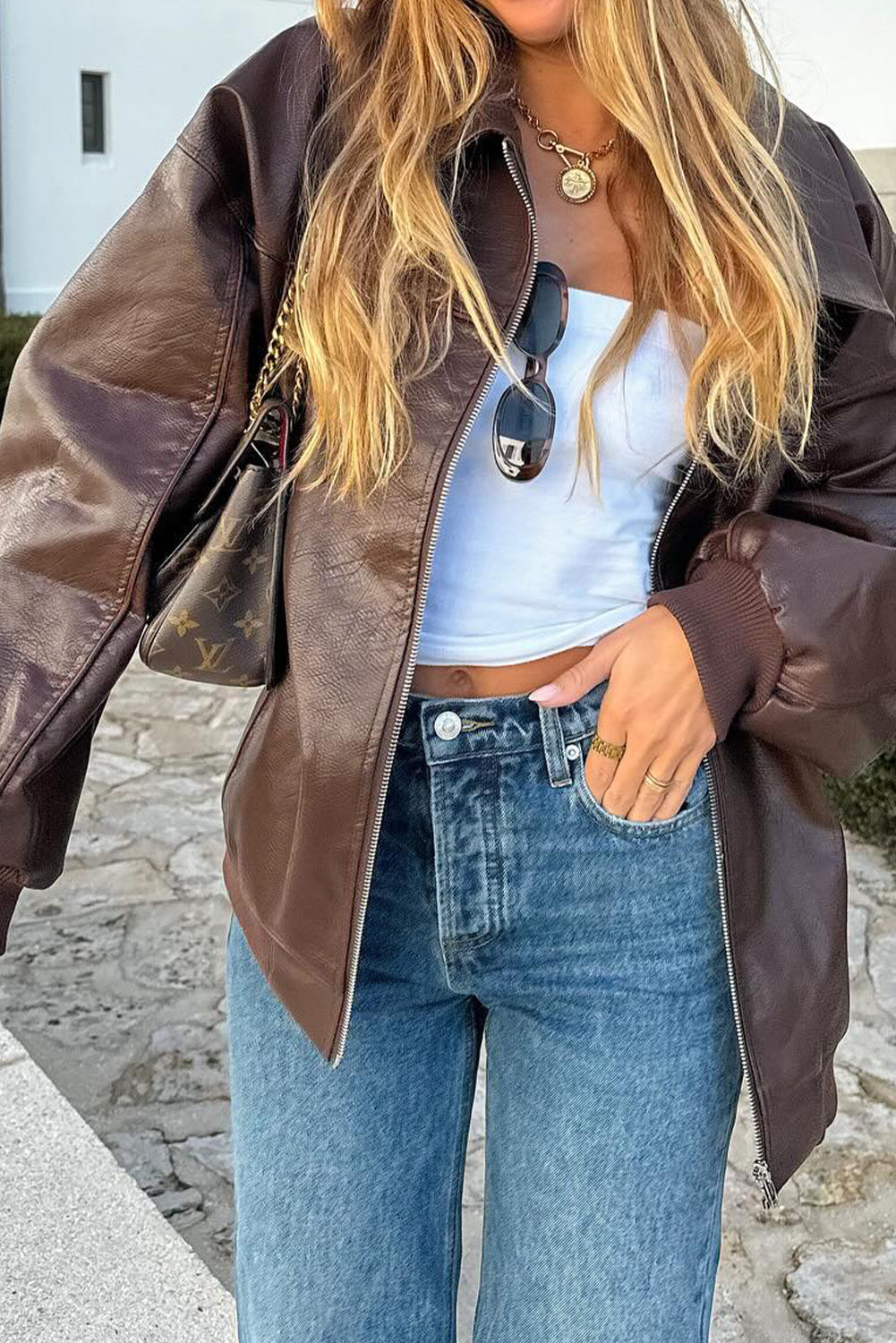 Coffee Faux Leather Zip Up Oversize Retro Jacket