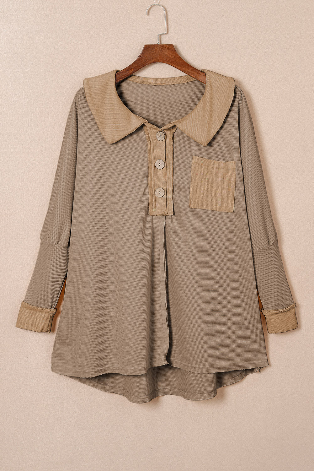 Brown Waffle Knit Buttoned Long Sleeve Top