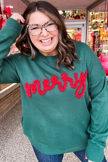 Evergreen merry Tinsel Letter Graphic Plus Size Sweater