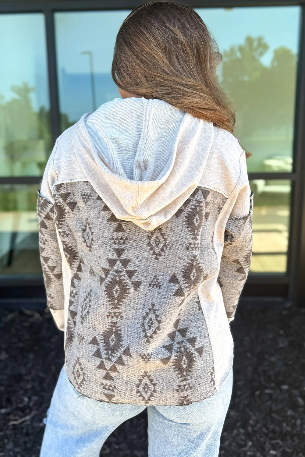 Gray Western Aztec Print Color Block Patchwork Drawstring Hooded Shacket