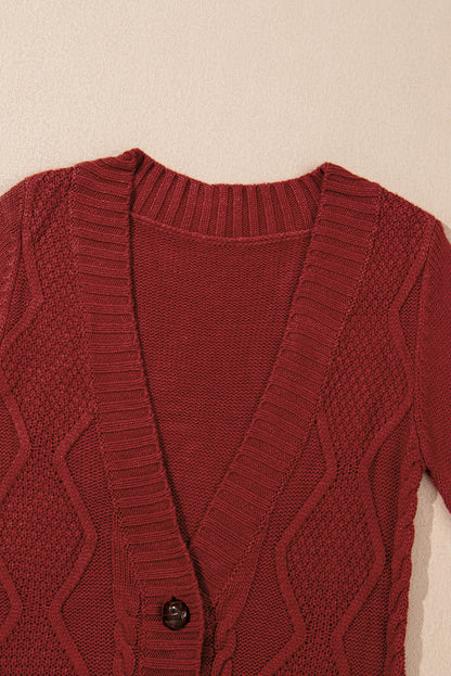 Burgundy Front Pocket and Buttons Closure Cardigan