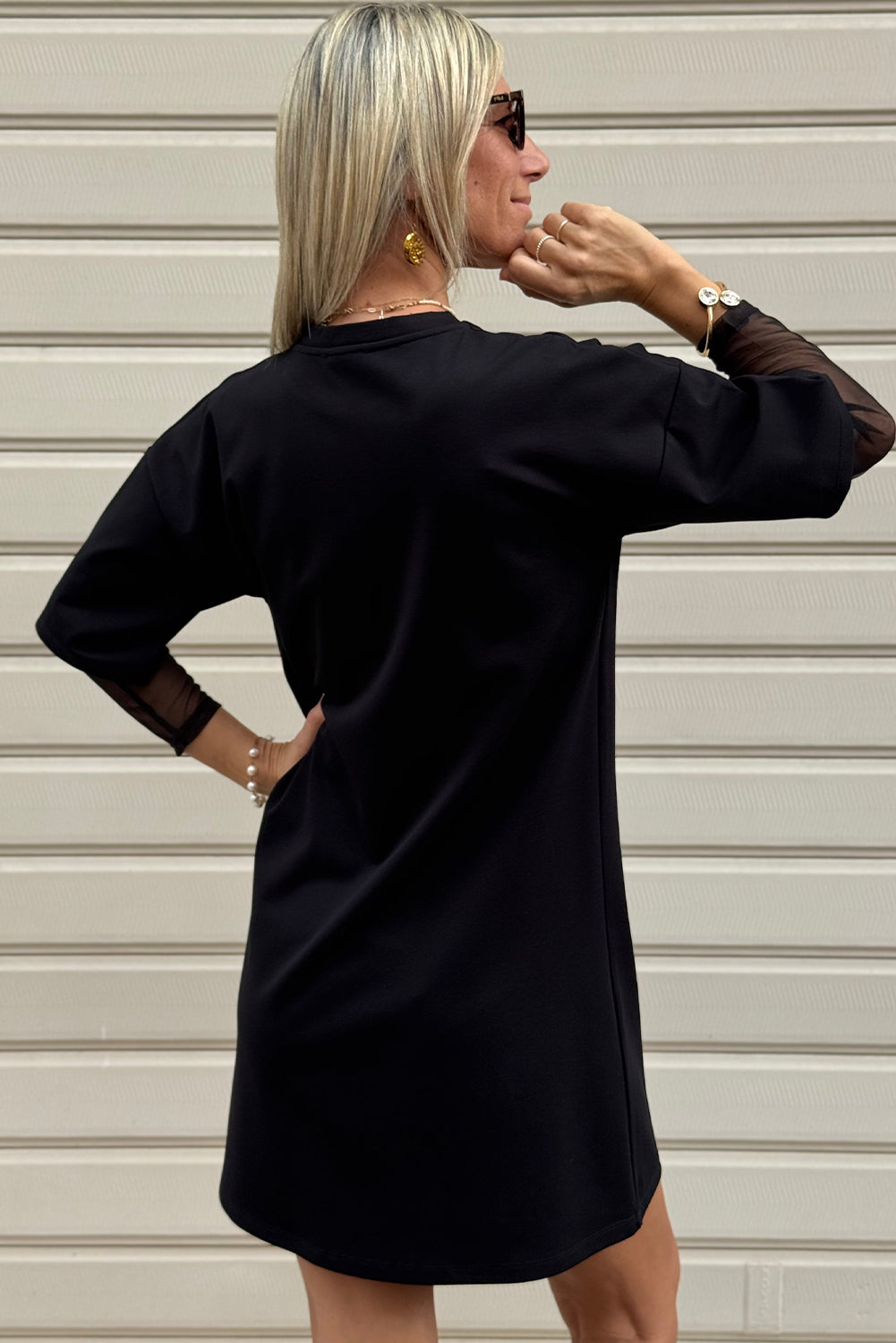 Black Mesh Long Sleeve Patchwork Shift Fit T Shirt Dress