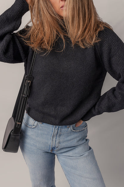 Black Solid Ribbed Knit High Neck Raglan Sleeve Sweater