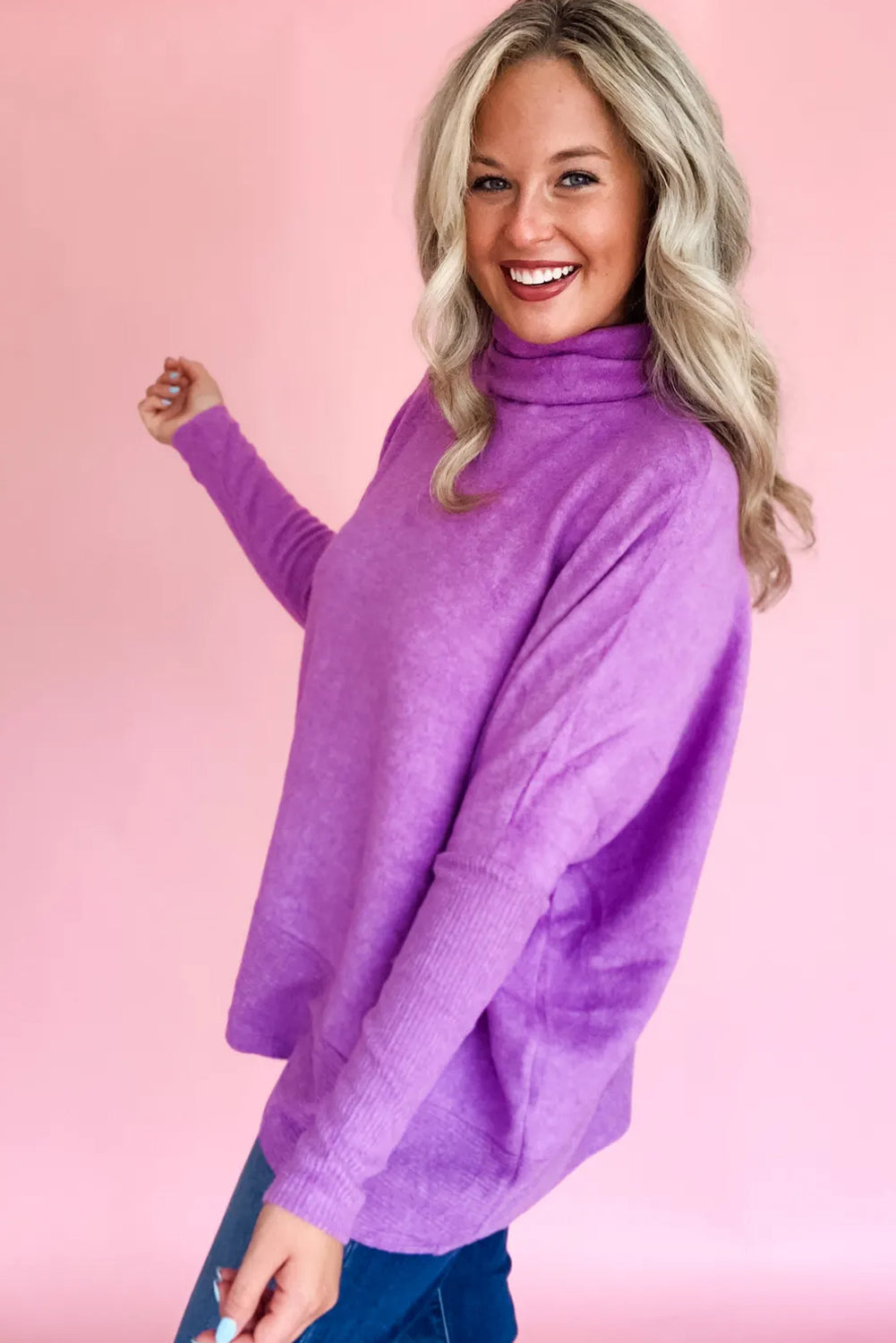Purple Orchid Solid Color Turtleneck Ribbed Patchwork Dolman Long Sleeve Top