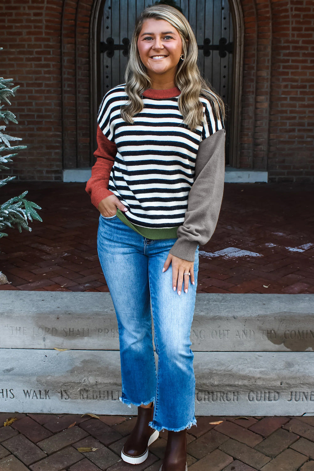 Gray Striped Panels Colorblock Sleeve Chic Sweater