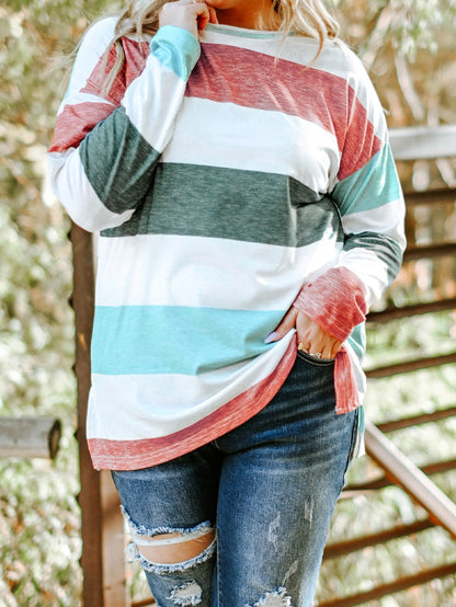 Green Striped Colorblock Shift Top for Curvy Women
