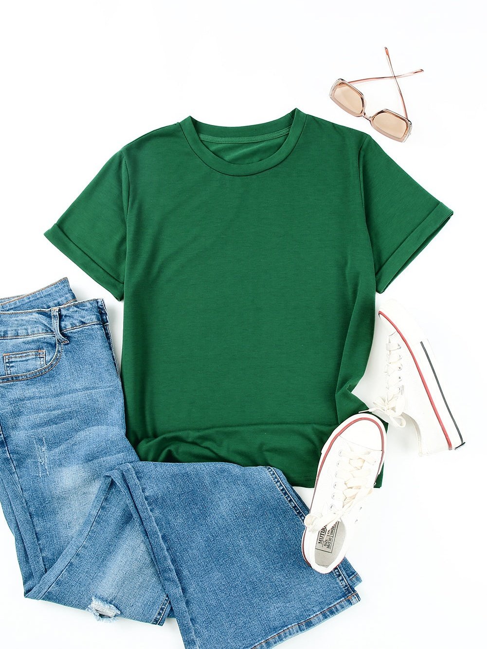 Green Casual Crew Neck T-Shirt for Women