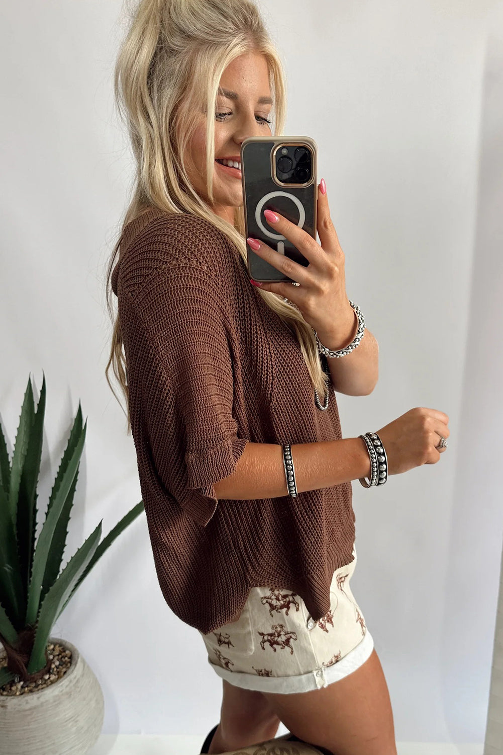 Coffee V Neck Half Sleeve Loose Sweater