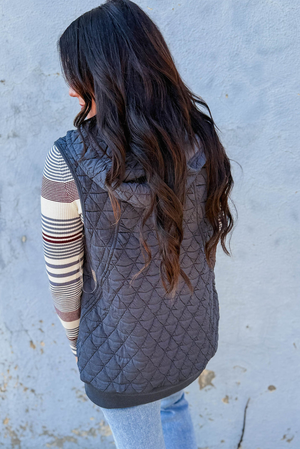 Dark Grey Quilted Texture Zip Up Hooded Vest