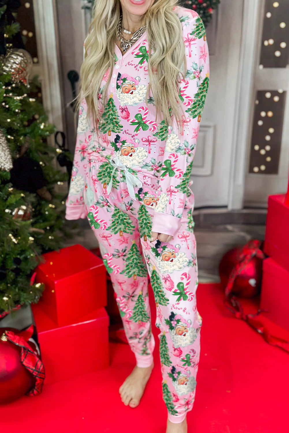Pink Christmas Pattern Button V Neck Pullover Drawstring Pants 2pcs Lounge Set