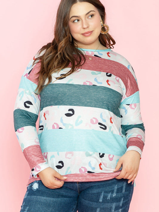 Stripe Colorblock Sky Blue Plus Size Pullover Top