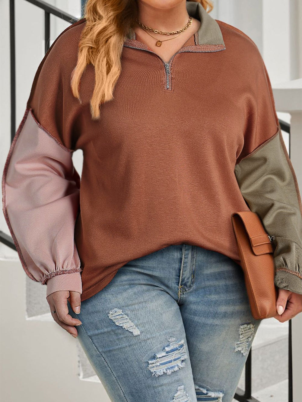 Gold Flame Plus Size Colorblock Exposed Seam Quarter Zip Sweatshirt