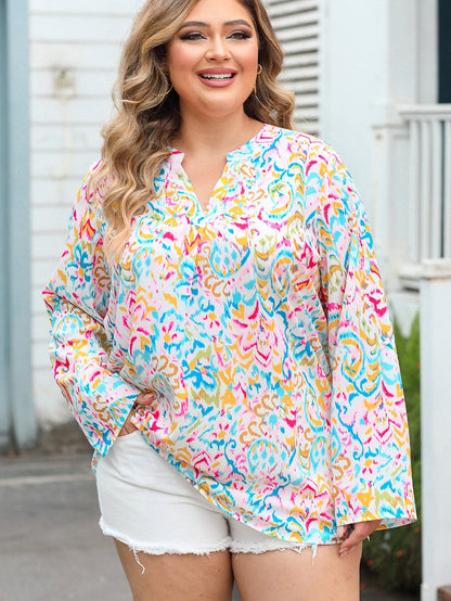 Geometric Print Plus Size V-Neck Blouse in Multicolor Shift Style