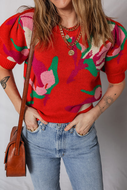 Red Floral Abstract Print Short Puff Sleeve Sweater