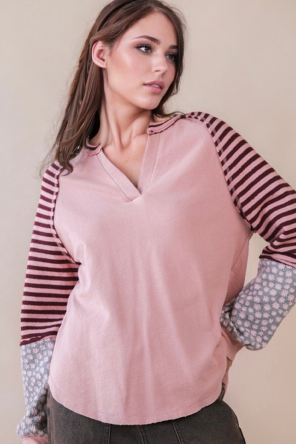 Light Pink Color Block Patchwork Striped Floral Long Sleeve Top