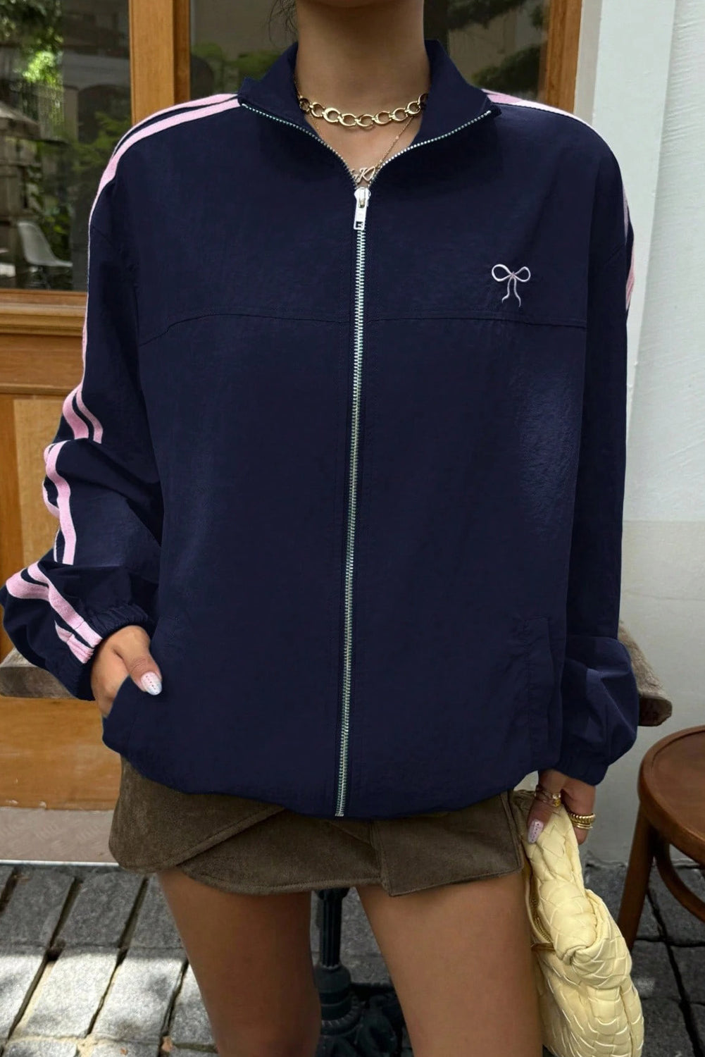 Dirty blue Bow Embroidered Detail Zip Up Sweatshirt Womens Jacket