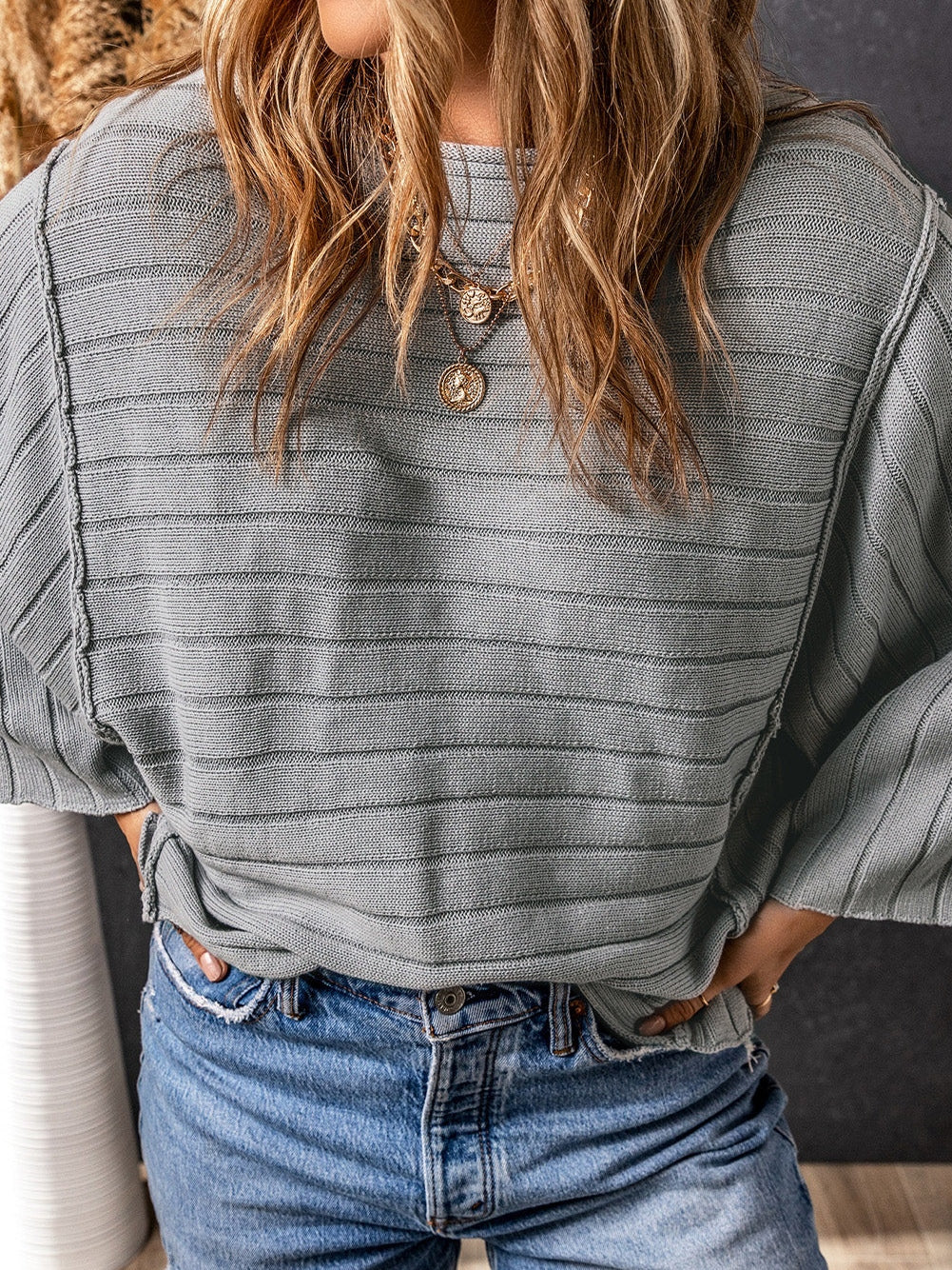 Fashionable Gray Ribbed Knit Dolman Sweater with Exposed Seams