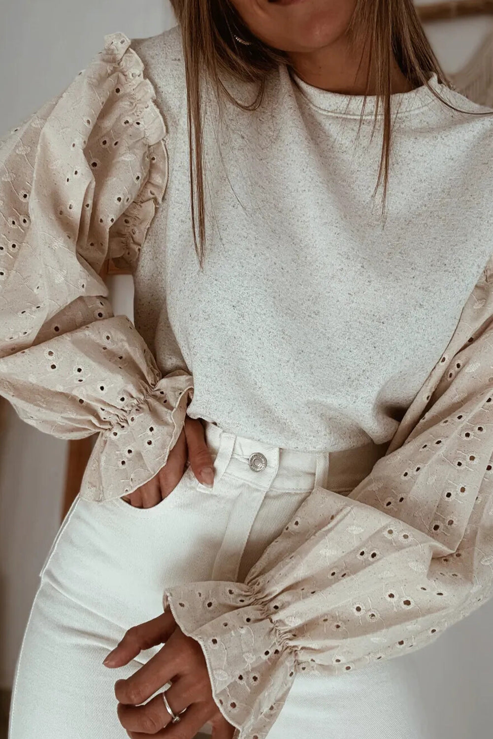 Jet Stream Embroidered Sleeve Patchwork Round Neck Top